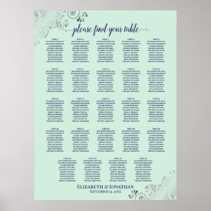 Póster 24 Table MInt Green & Navy Wedding Seating Chart