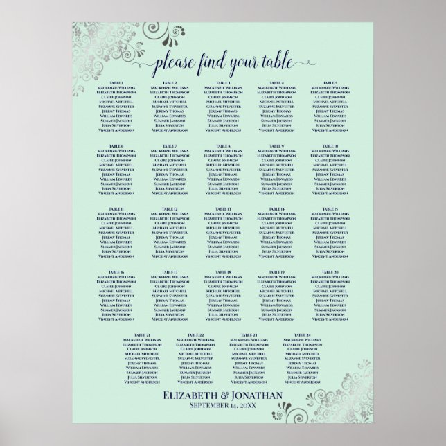 Póster 24 Table MInt Green & Navy Wedding Seating Chart (Frente)