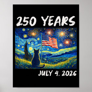 Póster 250 años gato noche estrellada 4 de julio 250 aniv