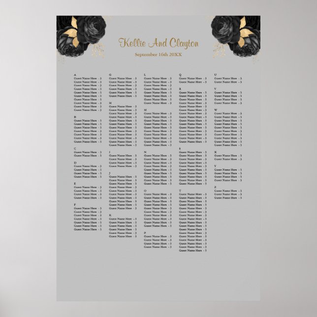 Póster 250 Asientos De Boda Floral Negro Y Oro (Frente)
