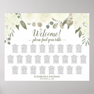 Póster 25 Tabla de asientos Boda de rosas blancas marfil