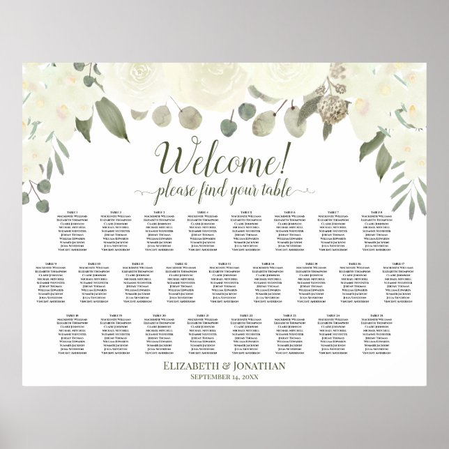 Póster 25 Tabla de asientos Boda de rosas blancas marfil (Frente)