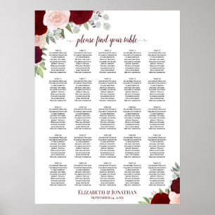 Póster 25 Tabla de asientos Boda de rosas rojas y rosas r