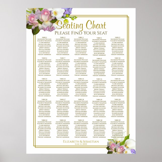 Póster 25 Tabla de asientos Boda de tabla Pastel Floral (Frente)