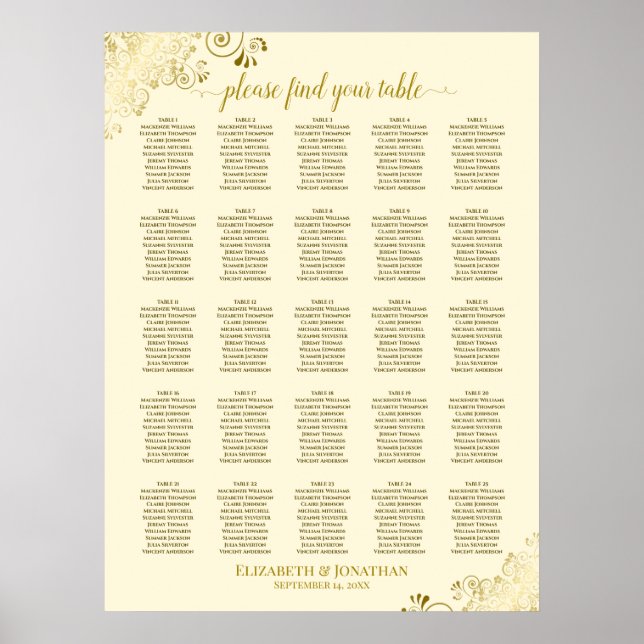Póster 25 Tabla de asientos de Boda de oro y crema (Frente)