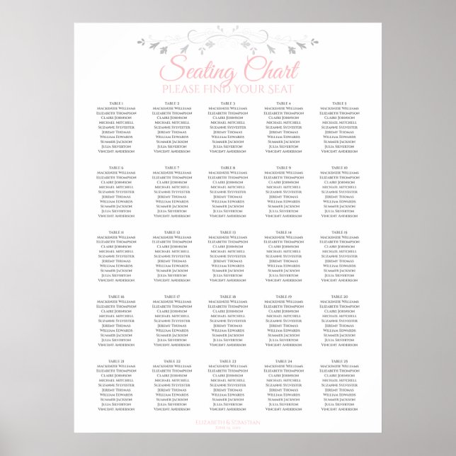 Póster 25 Tabla de asientos de matrimonio elegante rosa y (Frente)