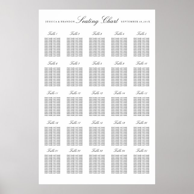 Póster 25 Tabla de asientos para grandes Bodas por tabla (Frente)