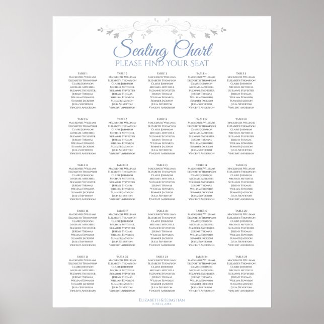 Póster 25 Tabla Elegante Boda Blanco Azul (Frente)