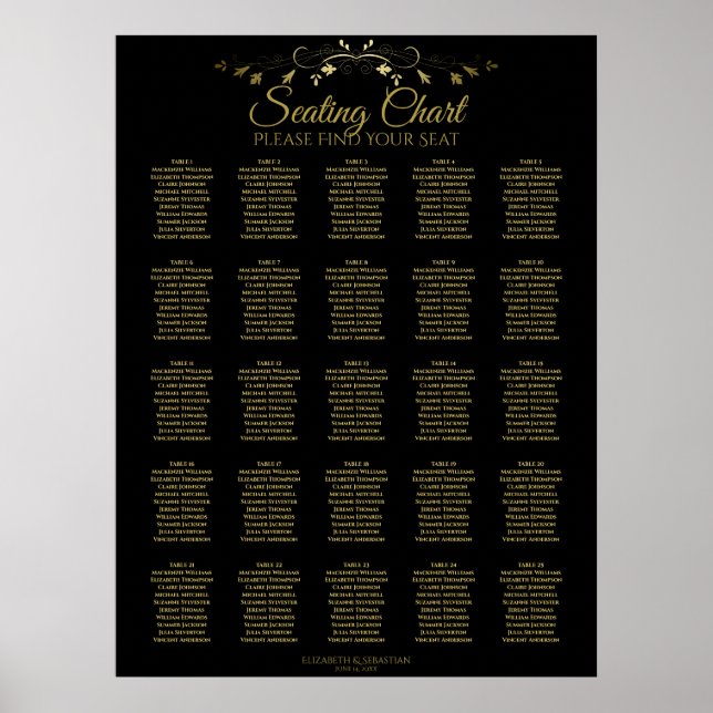 Póster 25 Tabla Elegante Dorado Boda negro gráfico de asi (Frente)
