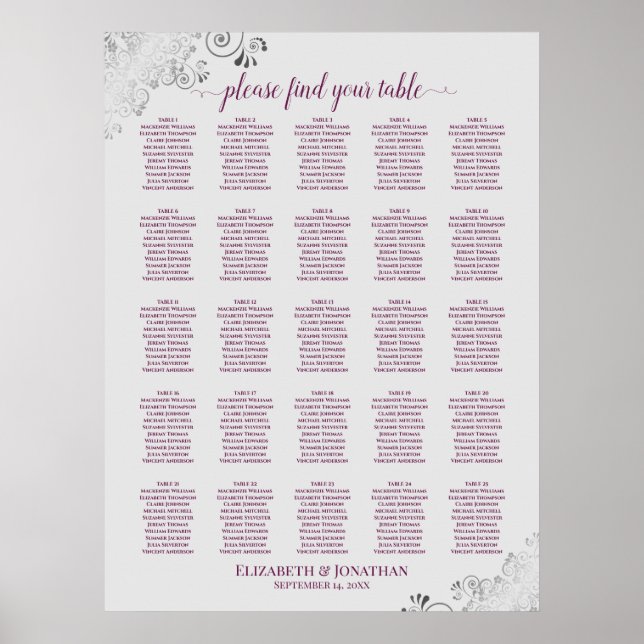 Póster 25 Table Cassis on Gray Wedding Seating Chart (Frente)
