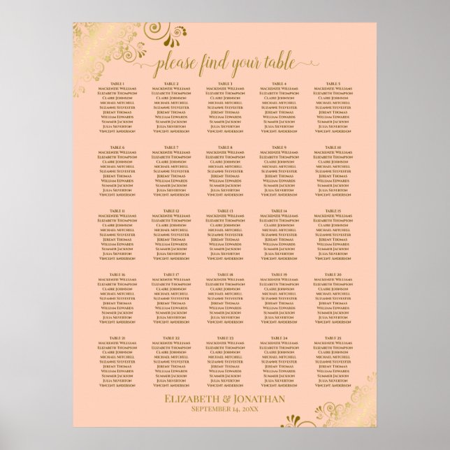 Póster 25 Table Gold & Coral Peach Wedding Seating Chart (Frente)