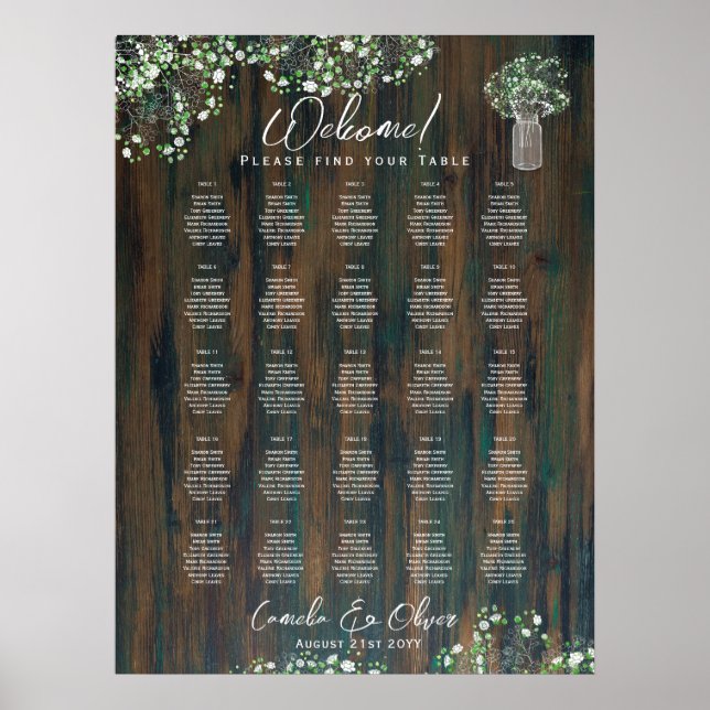 Póster 25 Table Rustic Wood Gypsophila SEATING CHART (Frente)