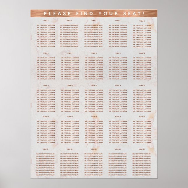 Póster 25 Tables Copper Marble Seating Chart (Frente)
