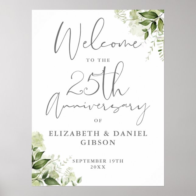 Póster 25th Wedding Anniversary Greenery Welcome Sign (Frente)
