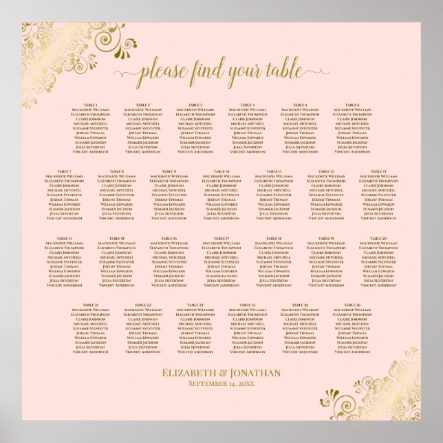 Póster 26 Tabla de asientos Boda de mesa Rubor Rosa y Oro (Frente)