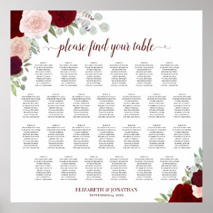 Póster 26 Tabla de asientos Boda de rosas rojas y rosas r