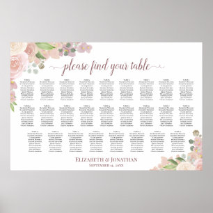 Póster 26 Table Rustic Pink Roses Wedding Seating Chart