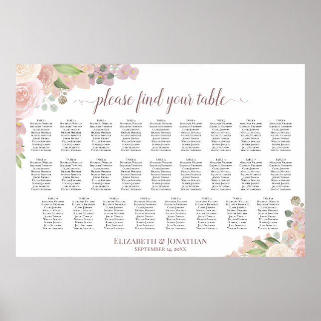 Póster 26 Table Rustic Pink Roses Wedding Seating Chart (Frente)