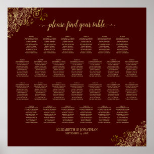 Póster 26 Table Wedding Seating Chart Auburn & Gold Lace
