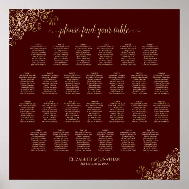 Póster 26 Table Wedding Seating Chart Auburn & Gold Lace (Frente)