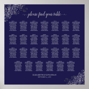 Póster 27 asientos de Boda de mesa plateado sobre azul ma