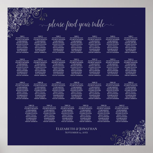 Póster 27 asientos de Boda de mesa plateado sobre azul ma (Frente)