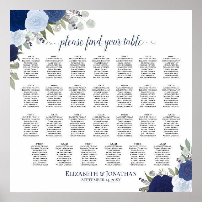 Póster 27 Rosas azules de mesa Elegante tabla de asientos (Frente)