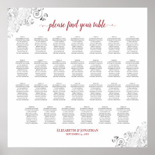 Póster 27 Table Frilly Wedding Seating Chart White & Red