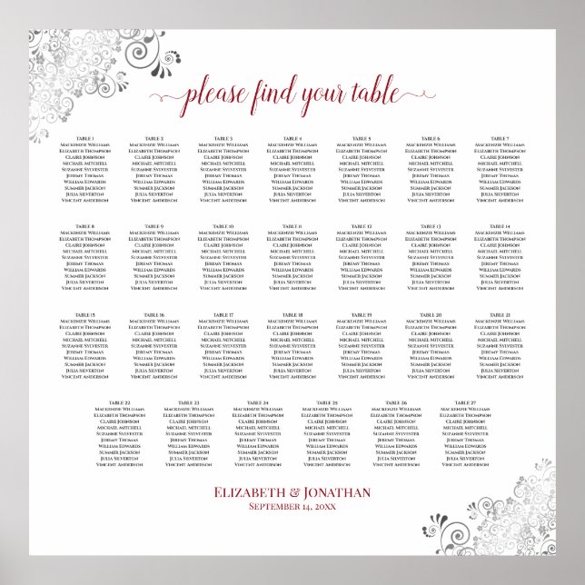 Póster 27 Table Frilly Wedding Seating Chart White & Red (Frente)