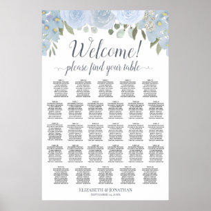 Póster 28 Mesa Carta de Asientos Boho Chic Floral Azul Po