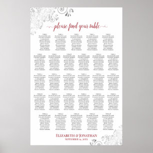 Póster 28 Mesa Carta de Asientos de Boda Rojo y Blanco El
