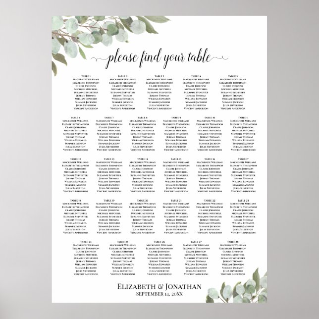 Póster 28 Tabla de asientos Boda de tabla Eucalyptus Gree (Frente)
