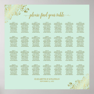 Póster 28 Table Wedding Seating Chart Mint Green & Gold