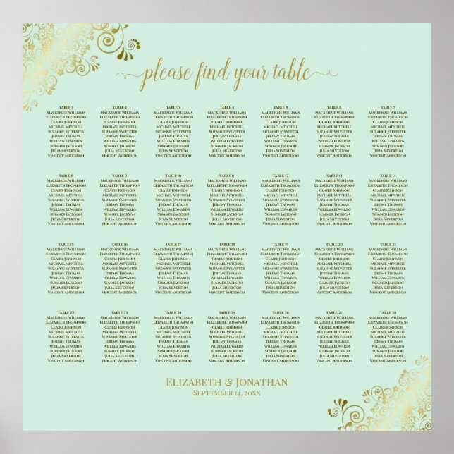 Póster 28 Table Wedding Seating Chart Mint Green & Gold (Frente)