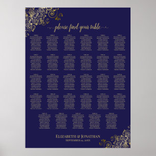 Póster 29 Tabla de asientos Boda de mesa Azul y Oro de la