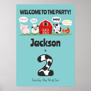 Póster 2.º cumpleaños Oink Baa Moo Bienvenida Cumpleaños