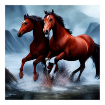 2 Beautiful wild chestnut horse in the river 