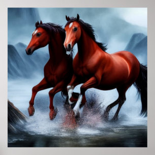 Póster 2 Beautiful wild chestnut horse in the river 