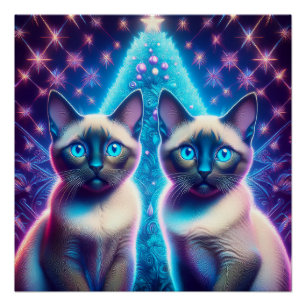 Póster 2 Gatitos Siameses Posando Con Árbol De Navidad