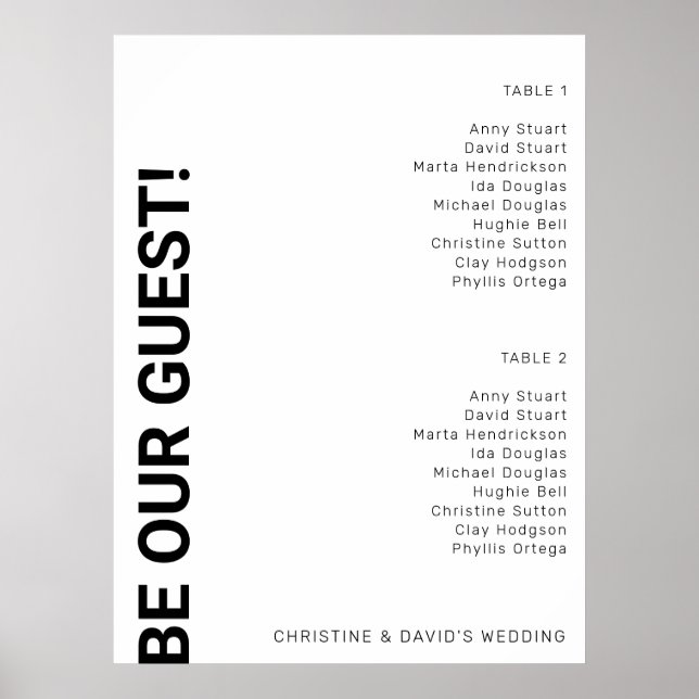 Póster 2 tabla Tabla de asientos simple Boda blanco (Frente)