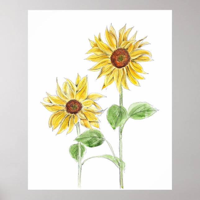 Póster 2 tinta de girasoles amarillos y acuarela (Frente)