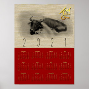 Póster 2 Water Buffalo Chinese Ox New Year Calendar 18X24