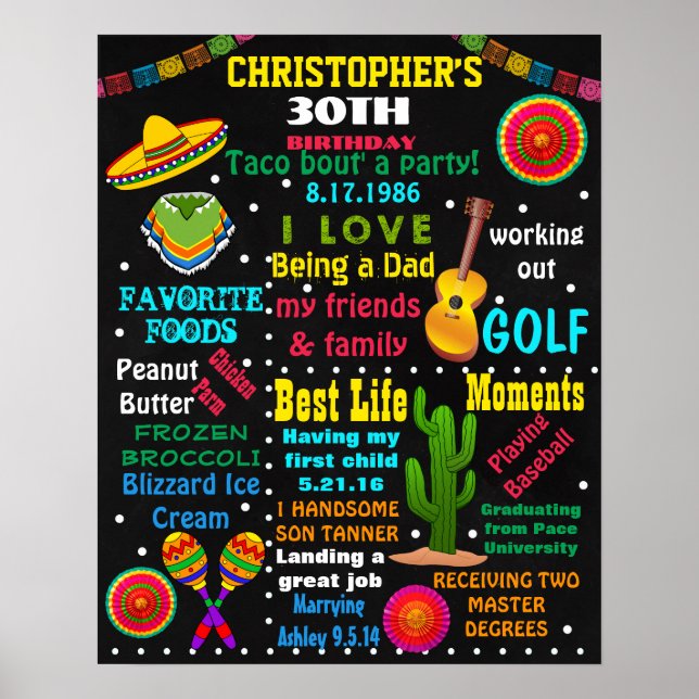 Póster 30.º cartel de pizarra para adultos Fiesta Mexical (Frente)