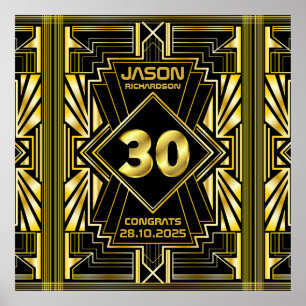 Póster 30.º cumpleaños Art Deco Oro Gran Gatsby Negro