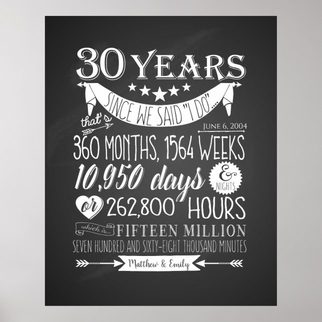Póster 30° aniversario boda, pizarra, 30 años (Frente)