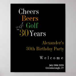 Póster 30 Años de Golf Saludos Cervezas Oro Negro Bienven
