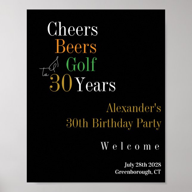 Póster 30 Años de Golf Saludos Cervezas Oro Negro Bienven (Frente)