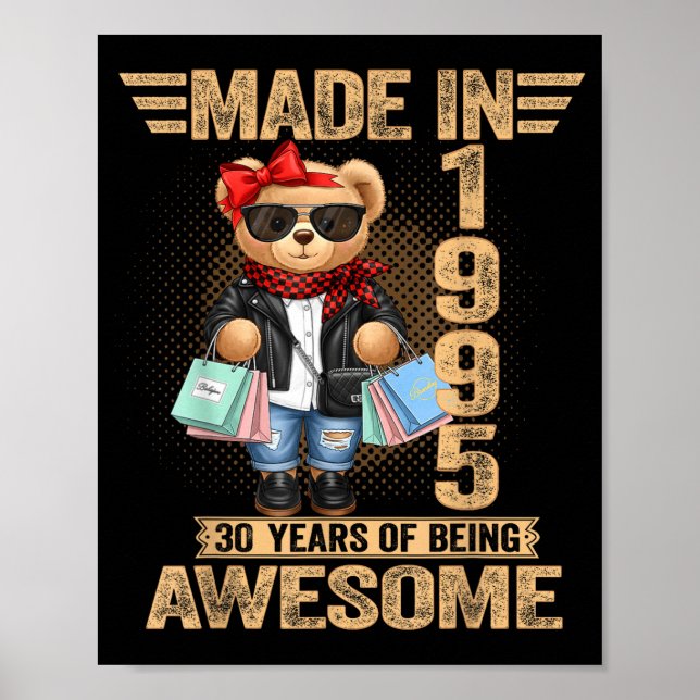 Póster 30 Year Old Made In 1995 Teddy Bear 30th Birthday  (Frente)