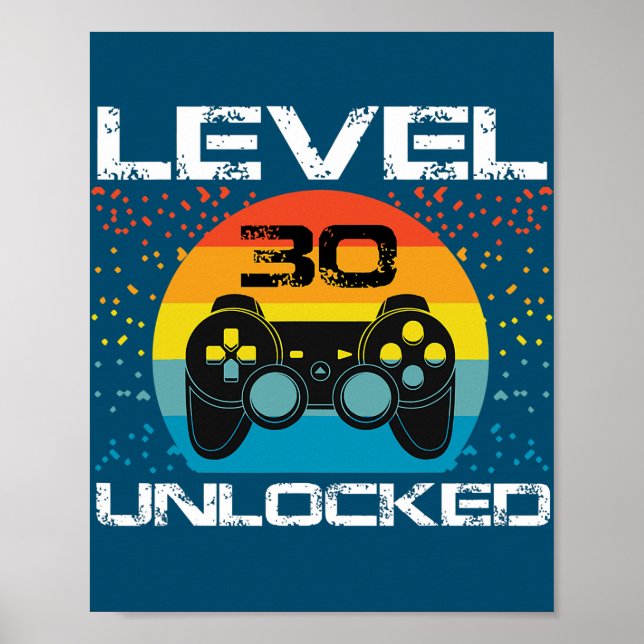 Póster 30th Birthday Gamer Party Level 30 Unlocked Funny (Frente)