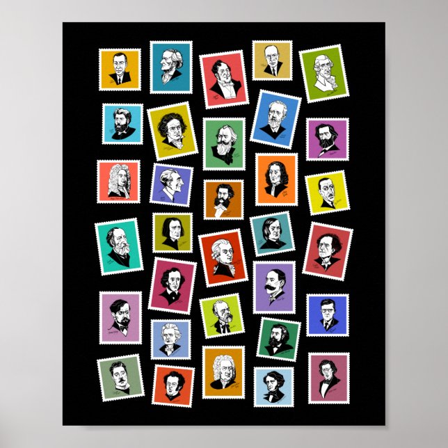 Póster 32 retratos gráficos de los compositores más grand (Frente)